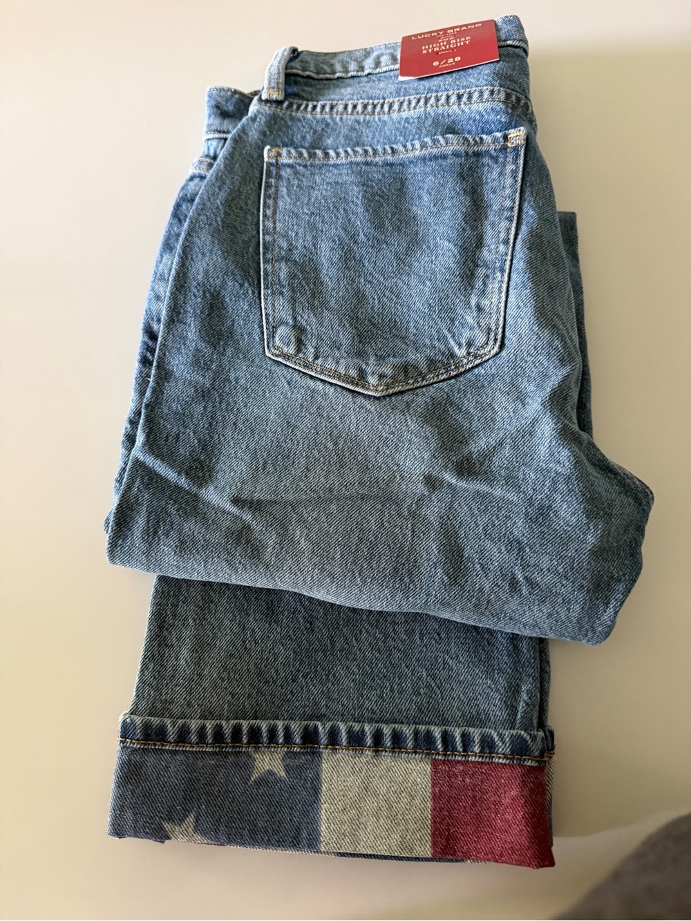 Lucky Brand Straight Leg Jeans in Light Blue with Red, White & Blue Cuff